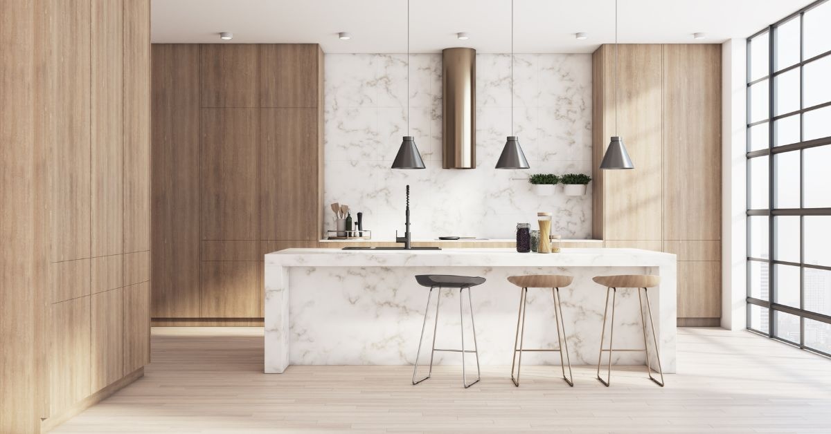 By the window, wooden living Room table with 6 chairs around